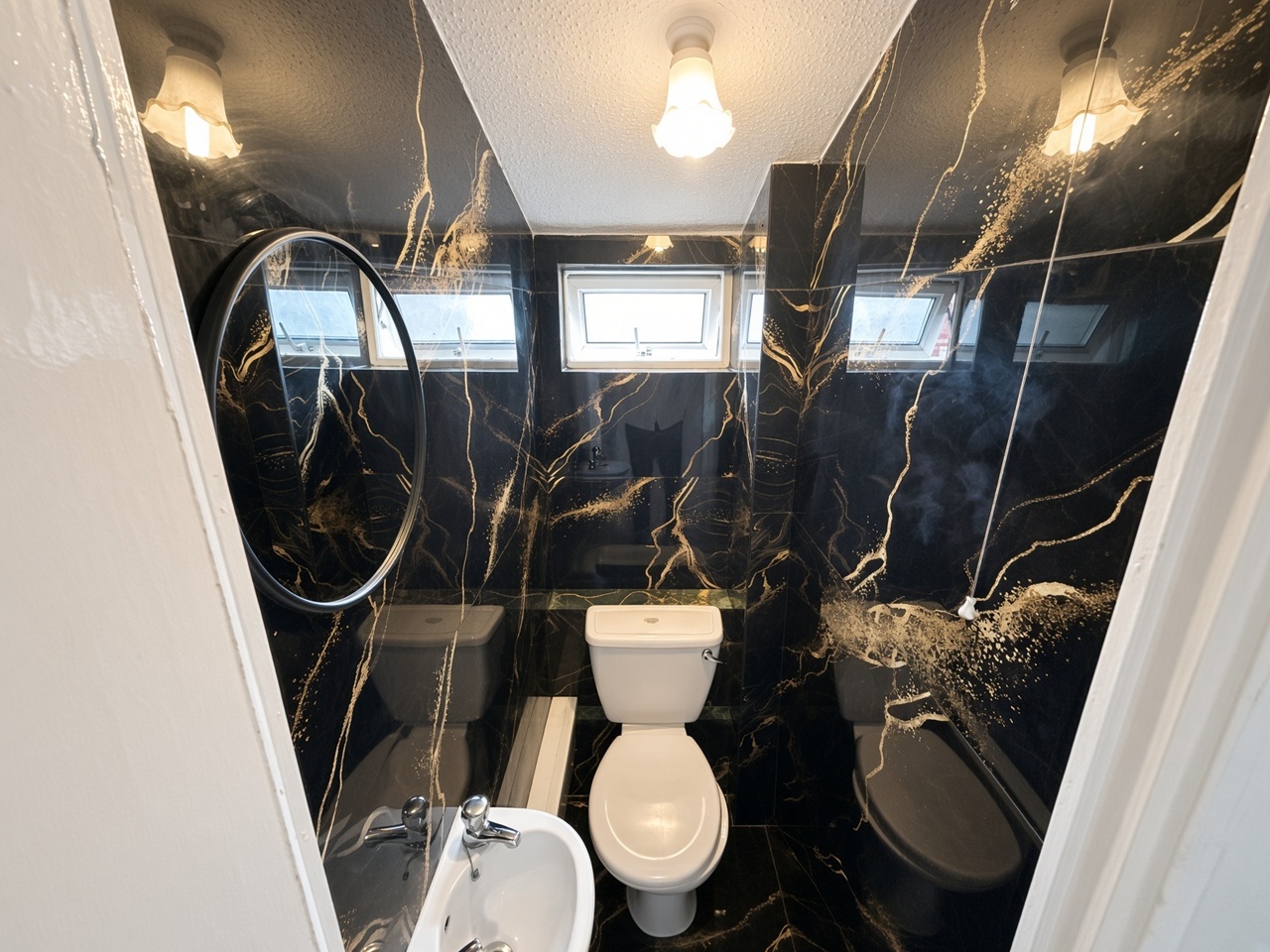 Bathroom with black marble-effect tiles, a white toilet, and a round mirror