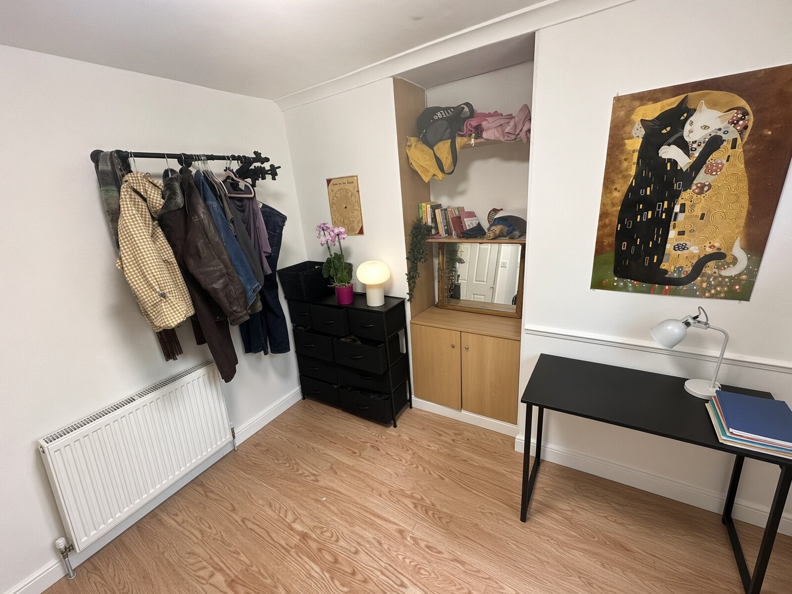 Bedroom with wood floor, desk and clothes rail