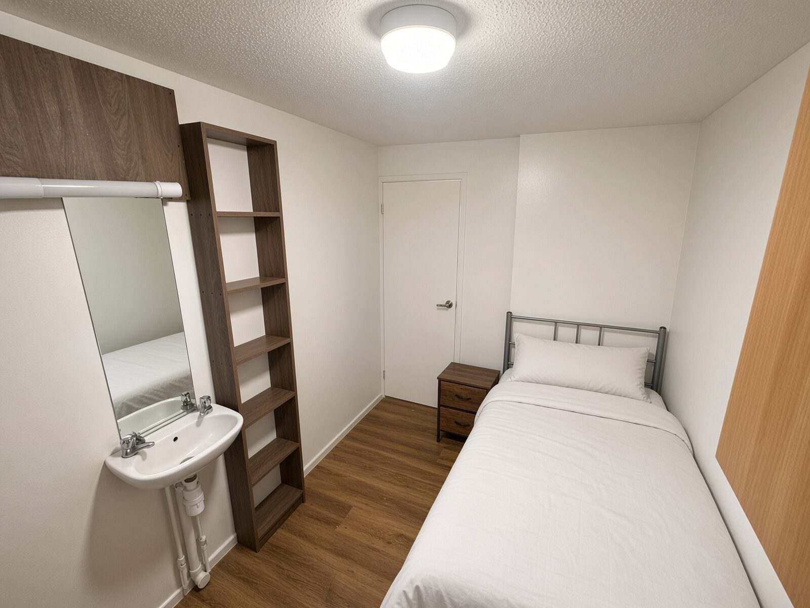 Bedroom with single bed, basin and shelving