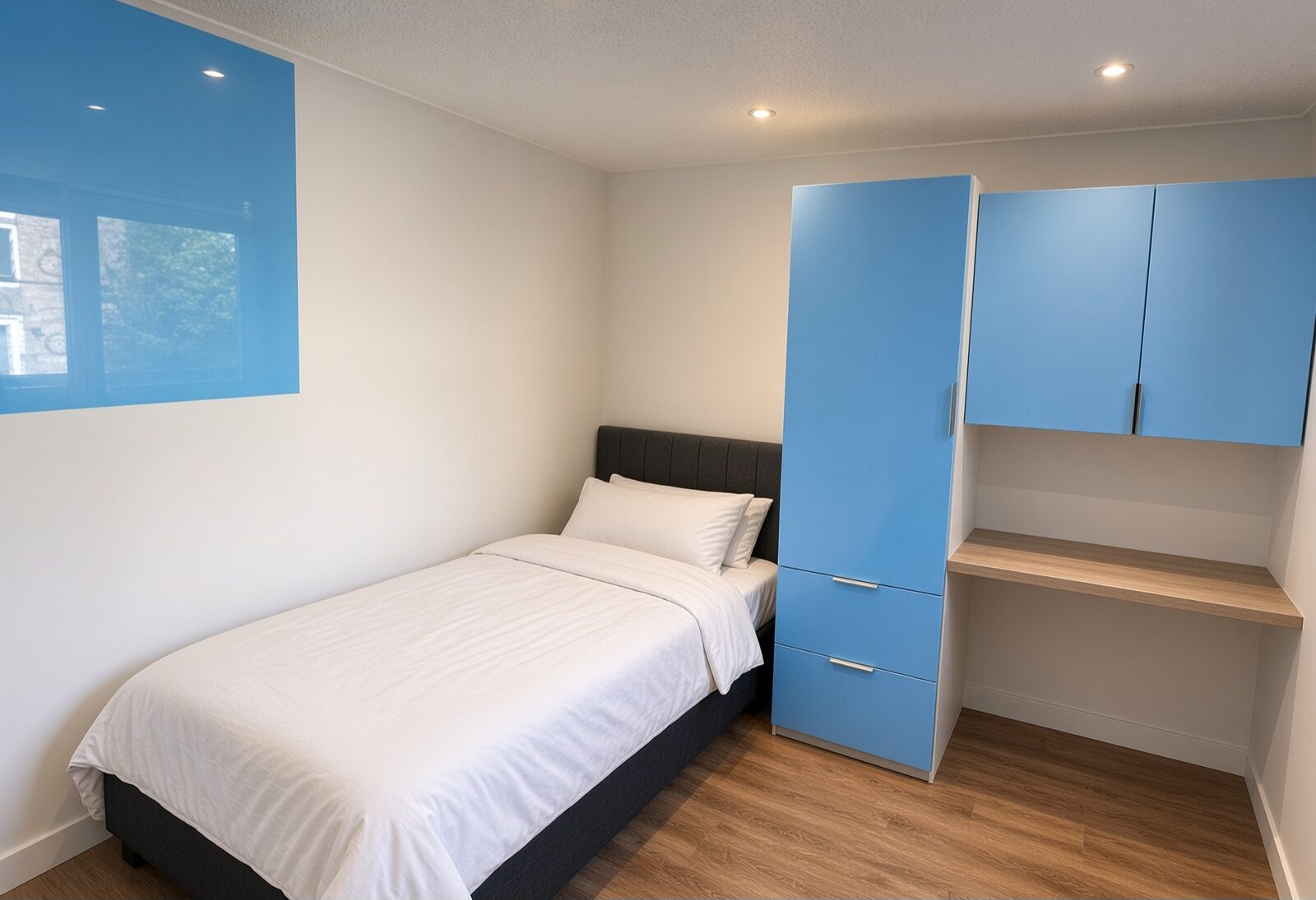 Bedroom with single bed, blue wardrobe and overhead cupboards